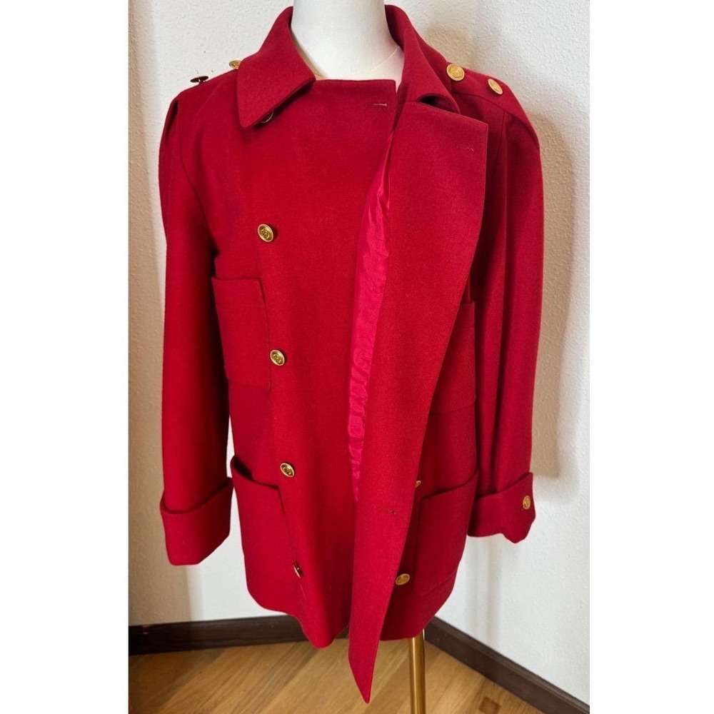 CHANEL VTG 80s Red Wool Double Breasted Coat Coco Coin Buttons 34 - Picture 7 of 12